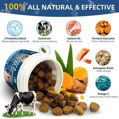 Petrivium Bocados para alergia en perros: ingredientes con calostro para refuerzo inmunitario.