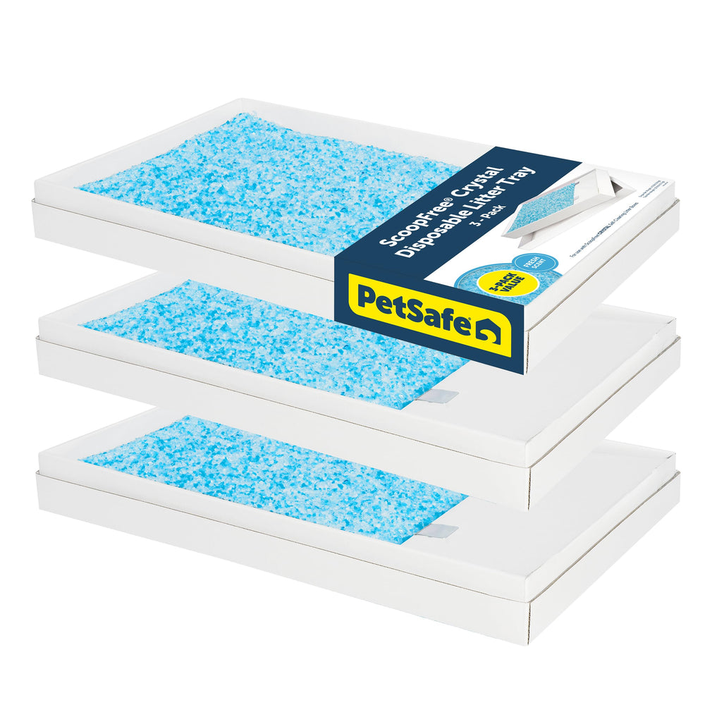 PetSafe ScoopFree Crystal, bandeja desechable, facilita limpieza rápida.