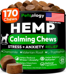 Petsology gominolas relajantes para perro en frasco, apoyo suave para la ansiedad diaria.