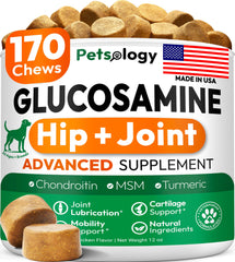 Petsology Glucosamina para perros: botella de suplemento para articulaciones.