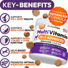 Petsology multivitamínico para perros envase dorso, información de uso y dosis.