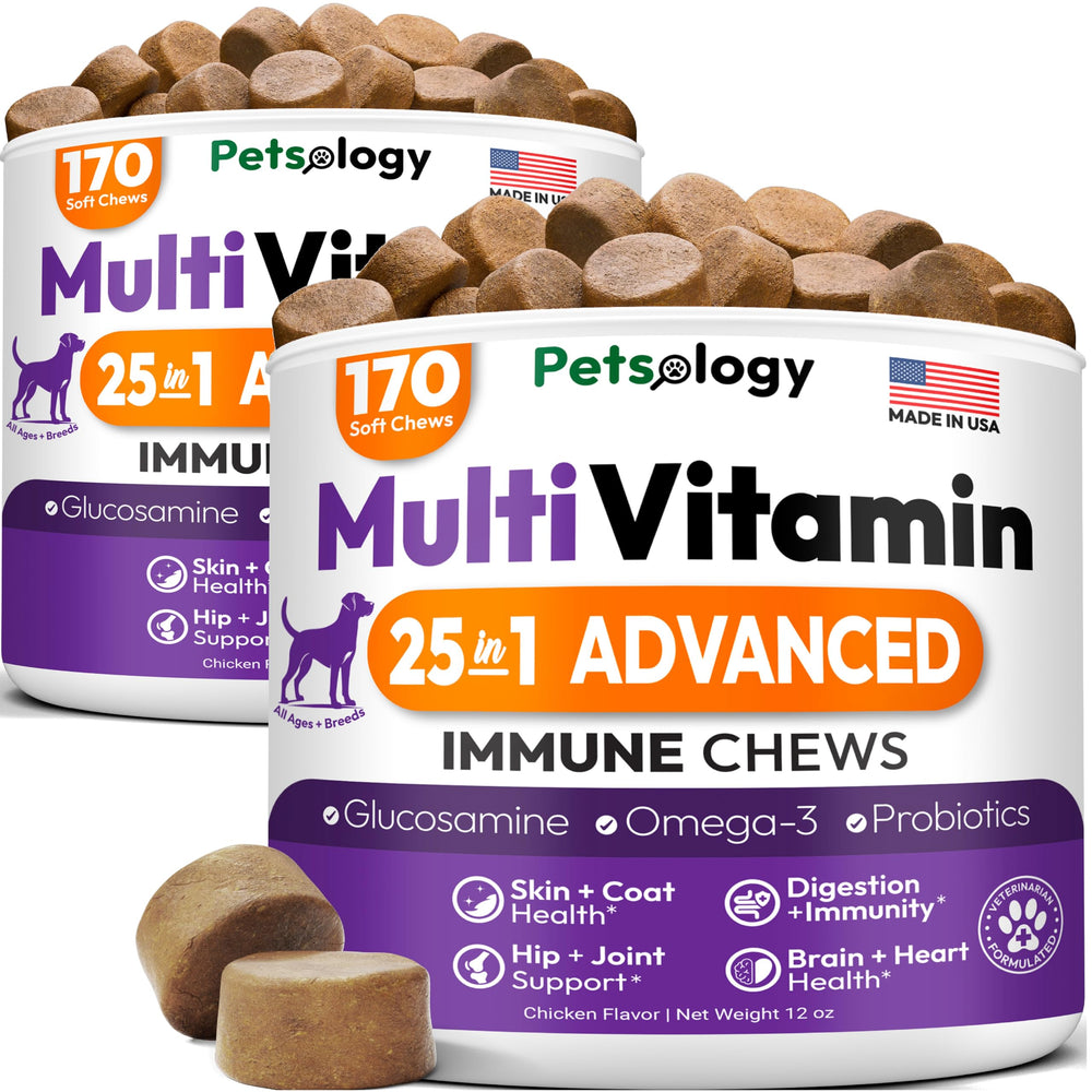 Petsology multivitamínico para perros envase frontal, apoyo nutricional diario.