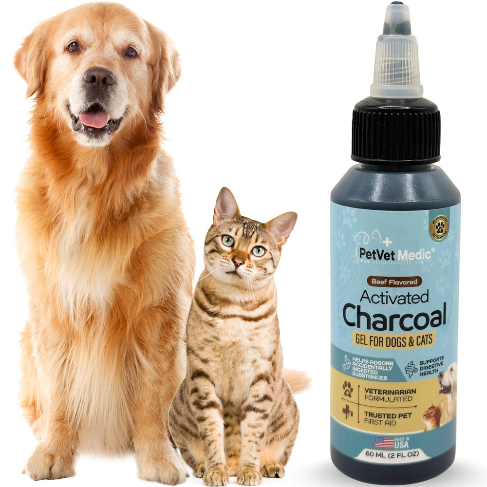 Gel de carbón activado PetVet Medic sabor ternera en botella de 60 ml para perros y gatos.