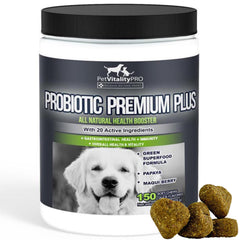 PetVitalityPRO probióticos para perros, frasco vertido, apoyo digestivo.