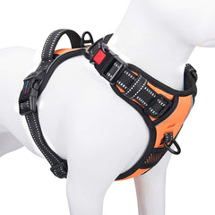 PHOEPET arnés sin tirones para perro pequeño, vista frontal en naranja, ajuste cómodo.