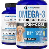 Planopaws aceite de pescado para perros en bote mejora el pelaje y la piel.