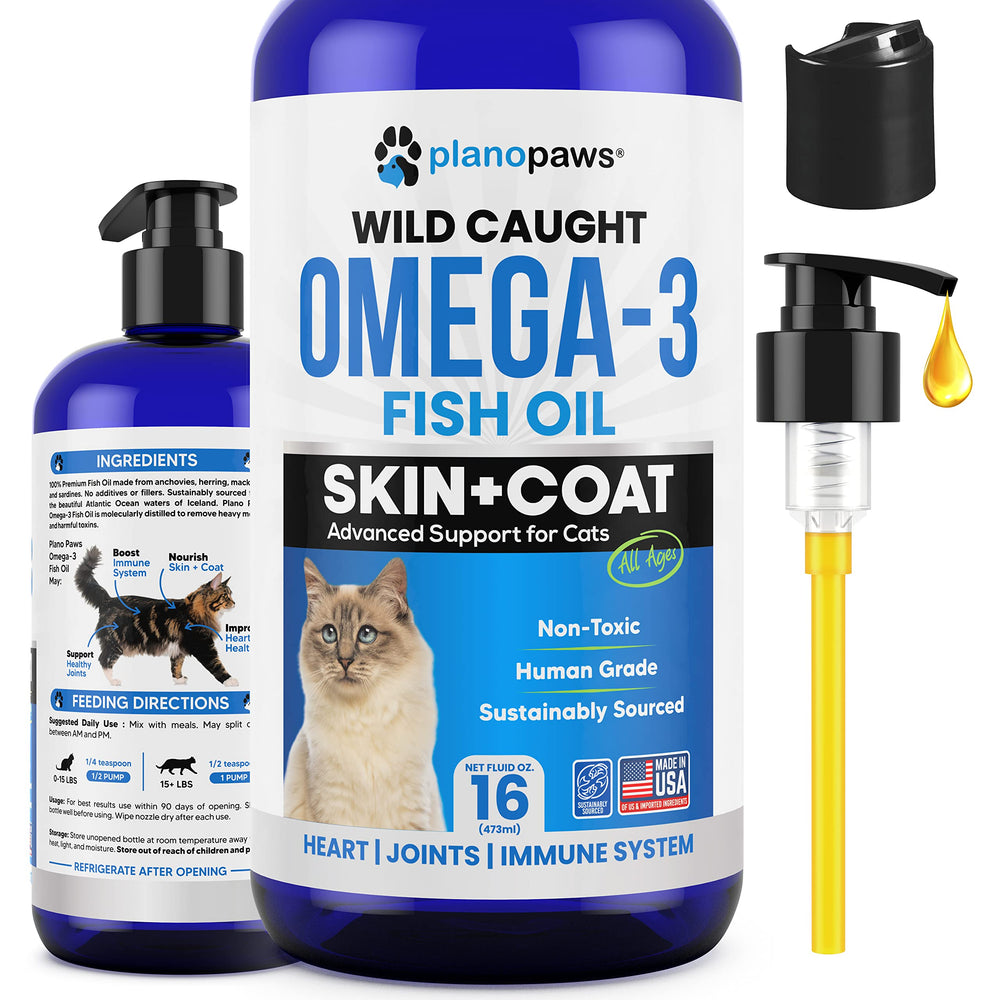 Planopaws Omega-3 aceite pescado gatos: piel más suave y pelaje brillante.