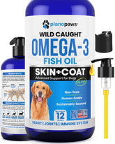 Planopaws Omega-3 para perros: botella, ayuda a piel y pelaje saludables.