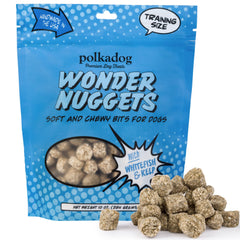 Golosinas Polkadog Wonder Nuggets con pescado blanco salvaje para entrenamiento suave.