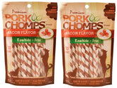 Pork Chomps Bacon Twists Mini, empaque de dos bolsas, snack sabroso para perros pequeños.