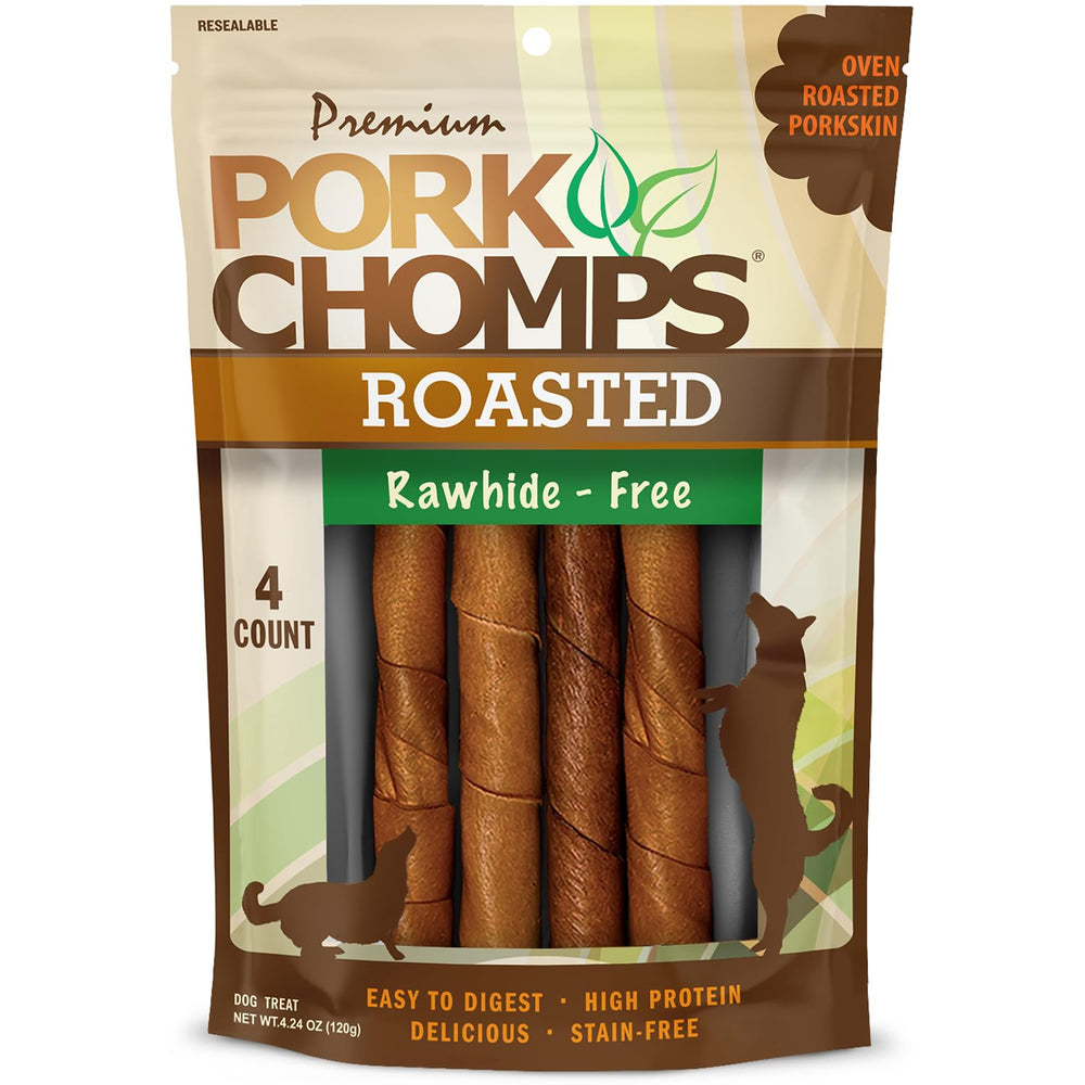 Pork Chomps empaque de piel de cerdo asada para perros.