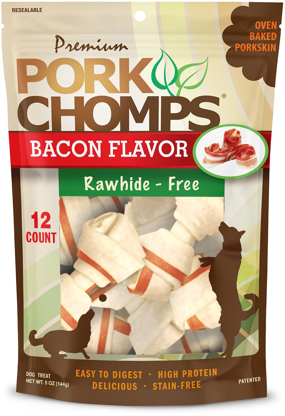 Pork Chomps nudos mini con sabor tocino, ideal para masticación prolongada