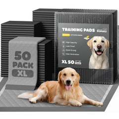 Powools Charcoal Puppy Pad, empaque de 50 packs para almacenamiento práctico en casa.