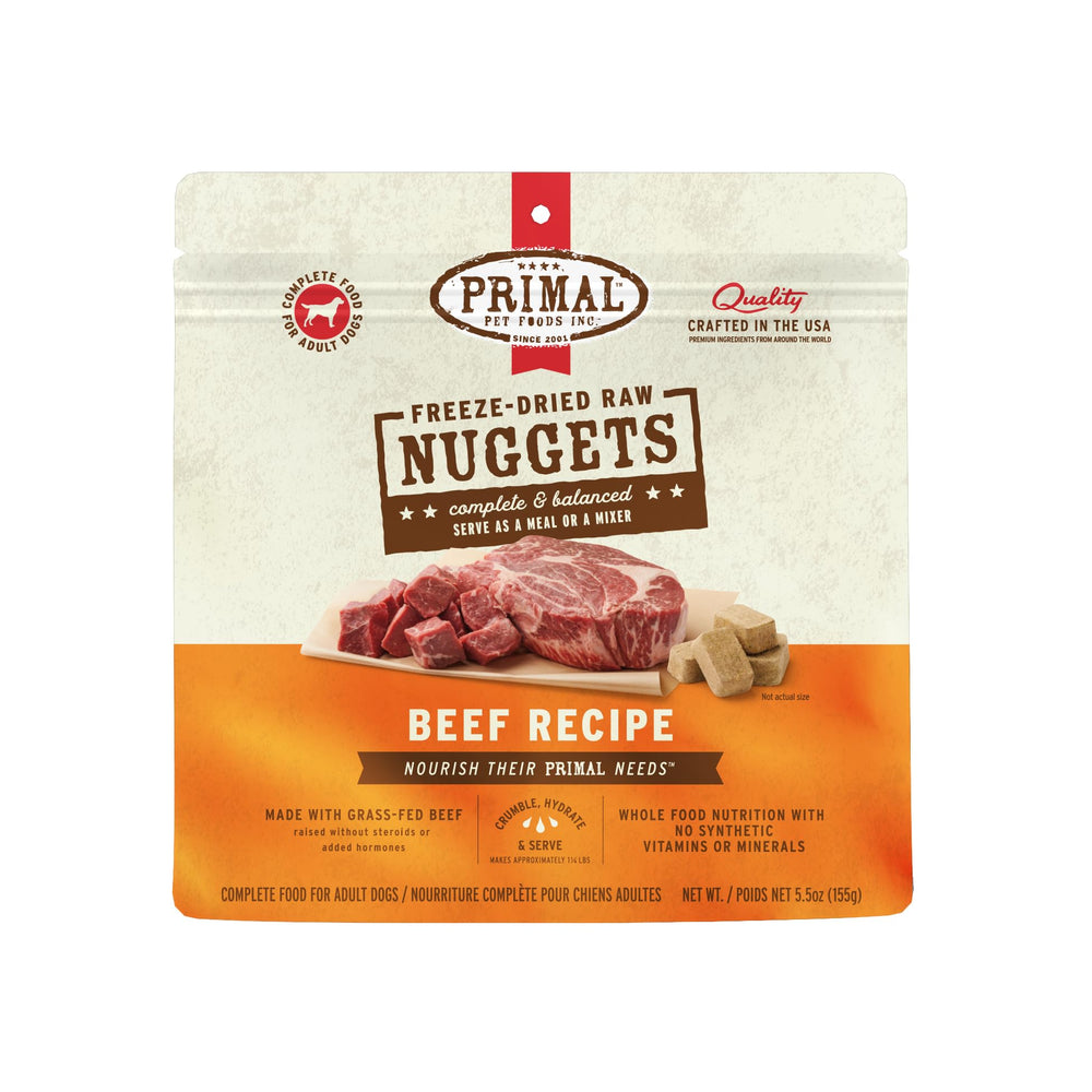 Primal bocados de res liofilizados: alimento crudo de alta proteína para perros.