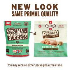 Primal Nuggets ingredientes orgánicos: pollo y vegetales certificados para dieta natural.