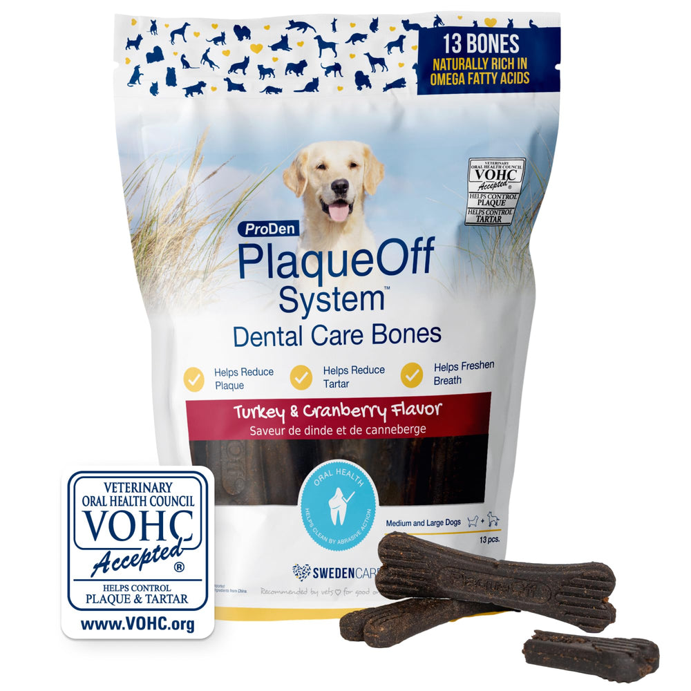 ProDen PlaqueOff Bones con sabor pavo-arándano, envase frontal para higiene dental diaria del perro