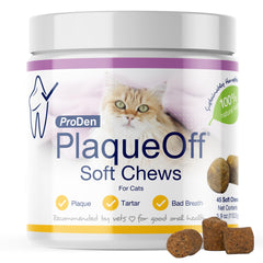 ProDen PlaqueOff envase para gatos con gomitas suaves y alga natural para higiene bucal.