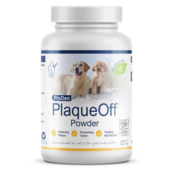 ProDen PlaqueOff polvo-oral para mascotas mejora la higiene bucal.