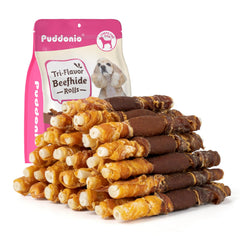 Puddonio bastones piel cruda pollo: snack sabroso para perros pequeños y medianos.