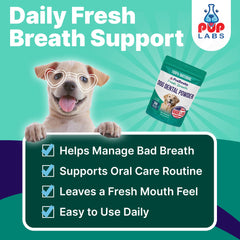 Pup Labs ProDenta Fresh Breath, dosis de medición para ajustar según el peso del perro.
