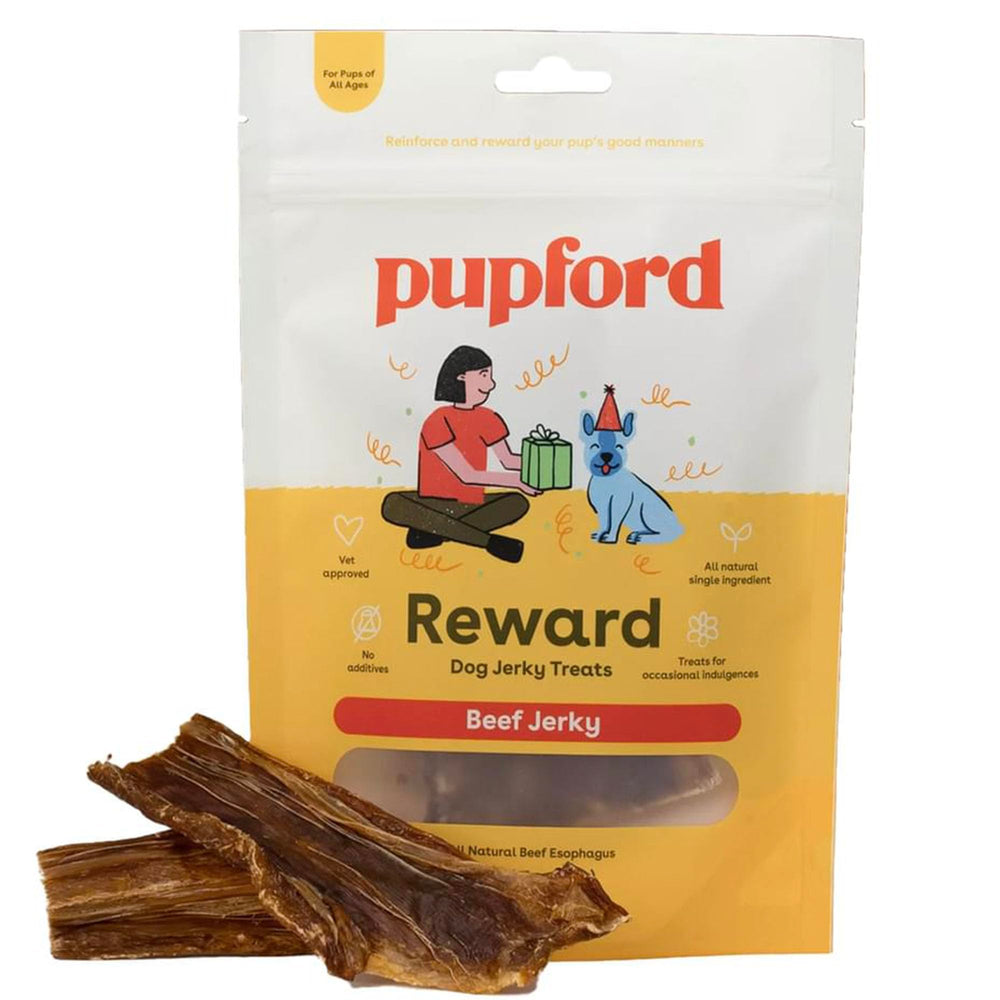 Premios Pupford tiras de carne crujientes para perros, recompensa sabrosa y fácil de compartir.