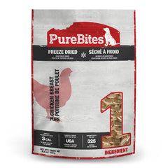 PureBites pechuga de pollo deshidratada para perro, ingrediente único y natural.