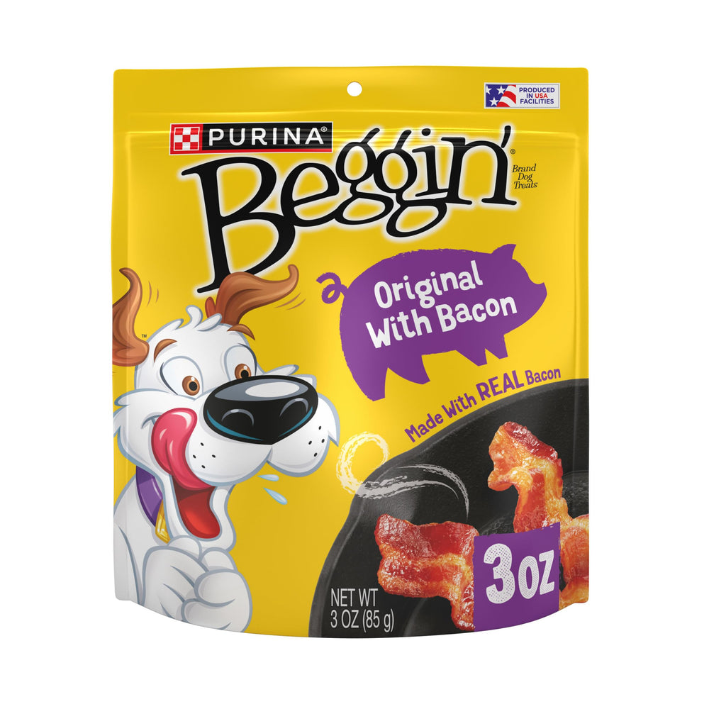 Purina Beggin' Strips carne real con sabor a bacon, premio delicioso para tu perro.
