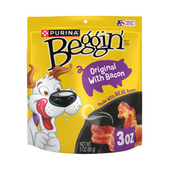 Purina Beggin' Strips carne real con sabor a bacon, premio delicioso para tu perro.