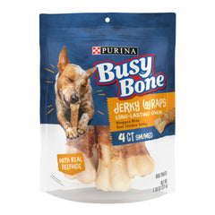 Purina Busy Bone Jerky Wraps, empaque de cinco bolsas para premiar y entretener.