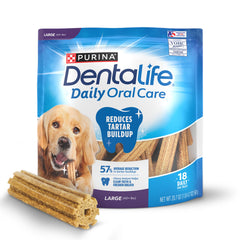 Purina DentaLife en bolsa reutilizable para perros grandes, mantiene frescura entre usos.