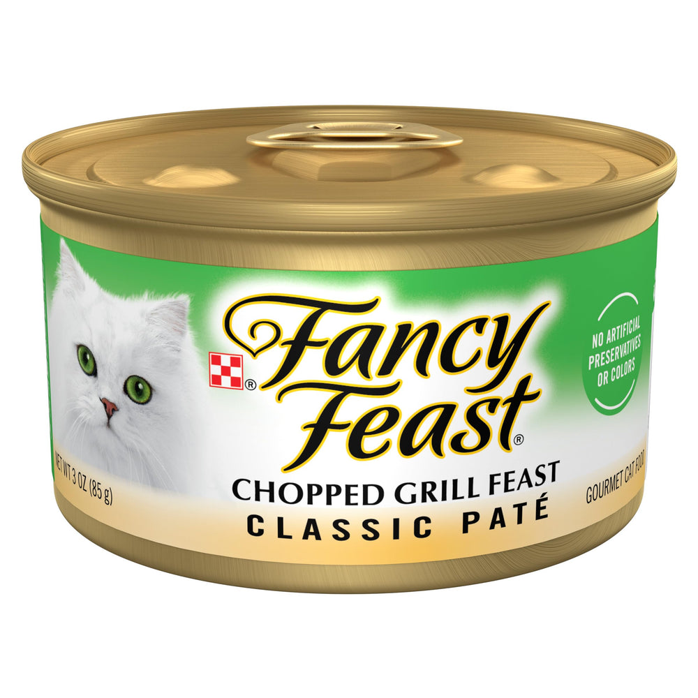 Purina Fancy Feast Chopped Grill Feast, lata 3 oz, pollo asado; ideal para la comida diaria.