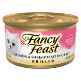 Purina Fancy Feast salmón y camarón en lata de 3 onzas, porciones gourmet para la cena.