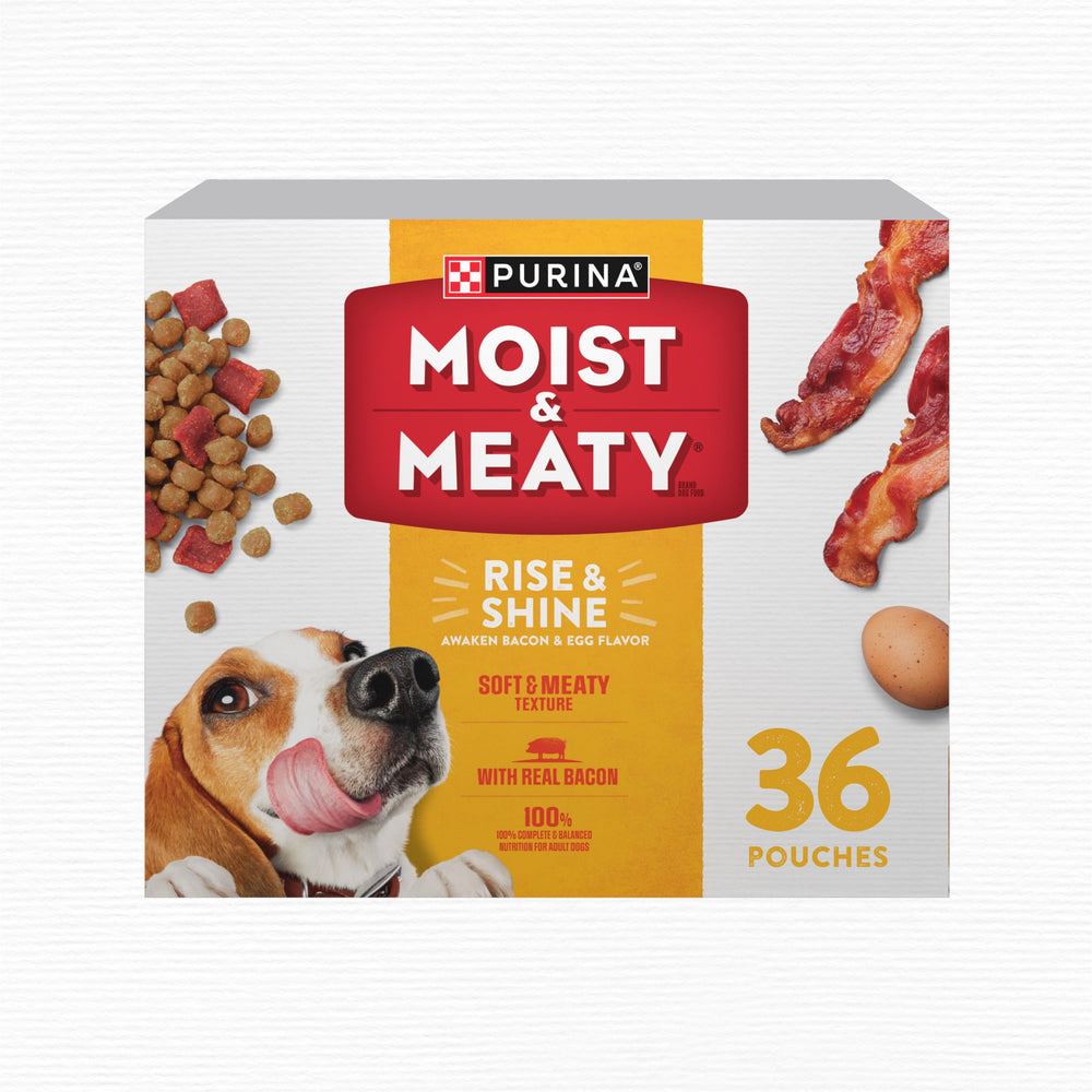 Purina Moist & Meaty Rise and Shine con tocino y huevo, textura suave lista para servir.