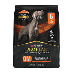 Purina OM bolsa de 6 libras visible, ideal para control de peso canino.