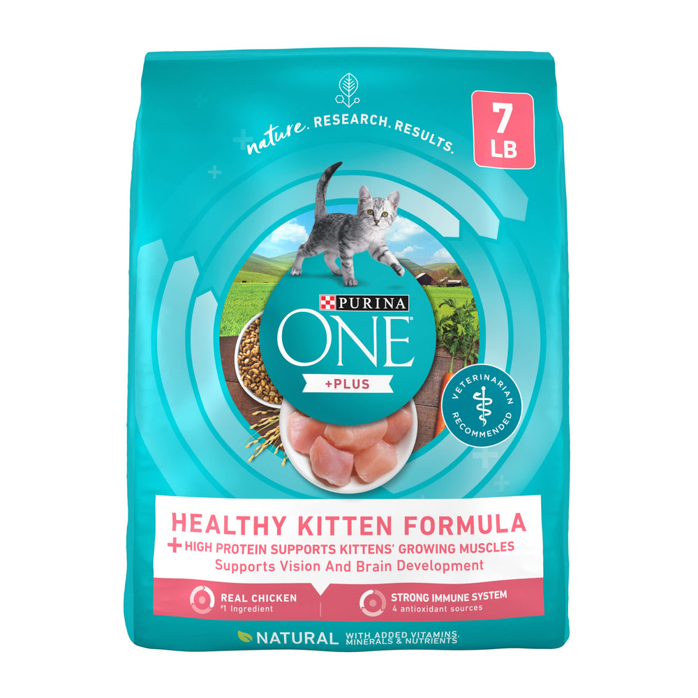 Purina One alimento seco para gatitos con proteína alta y pollo real para su crecimiento.