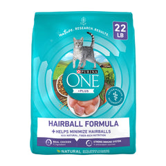 Purina ONE: fórmula seca para gatos con control de bolas de pelo, ingredientes clave.