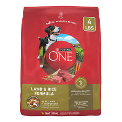 Purina ONE alimento seco para perro con cordero y arroz, frente de la bolsa y promesa de nutrición.