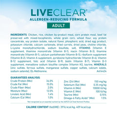 Purina ONE LiveClear etiqueta destacando reducción de alérgenos en pelo.