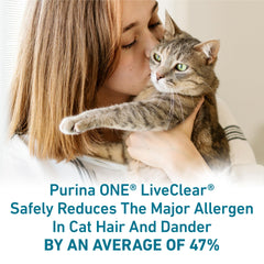 Purina ONE LiveClear croquetas con pollo real, favorecen digestión suave.