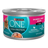 Purina ONE salmón y trucha en salsa, lata, paquete de 24, sabor marino para gatos.