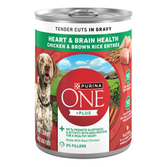 Purina ONE Tender Cuts Corazón y Cerebro, lata abierta, textura jugosa para perros adultos.