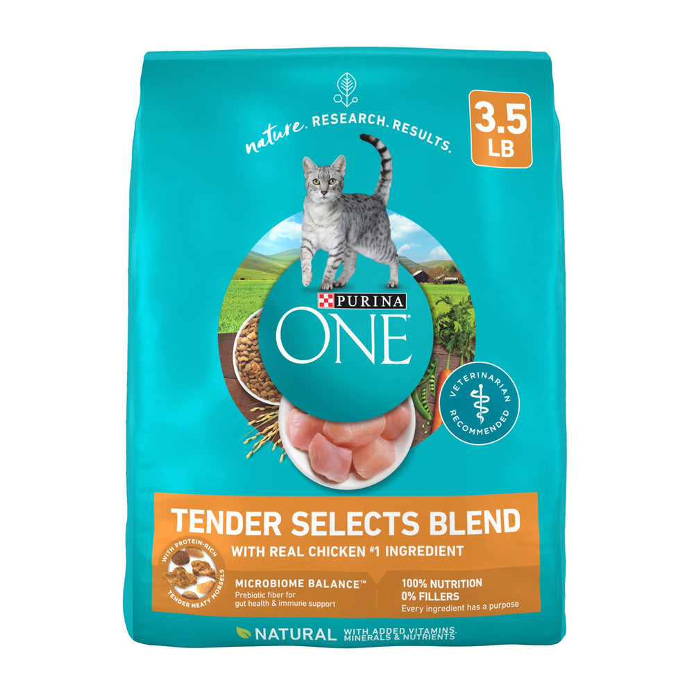 Purina One Tender Selects con pollo real en bolsa, fuente de proteína para músculos.