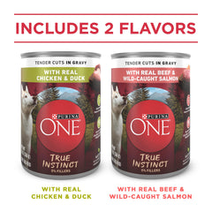 Purina ONE True Instinct Tender Cuts en salsa carne de res y salmón: nutrición completa para perros adultos.