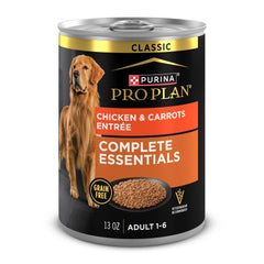 Purina Pro Plan Complete Essentials sin grano pate pollo zanahorias, textura suave para cada comida.