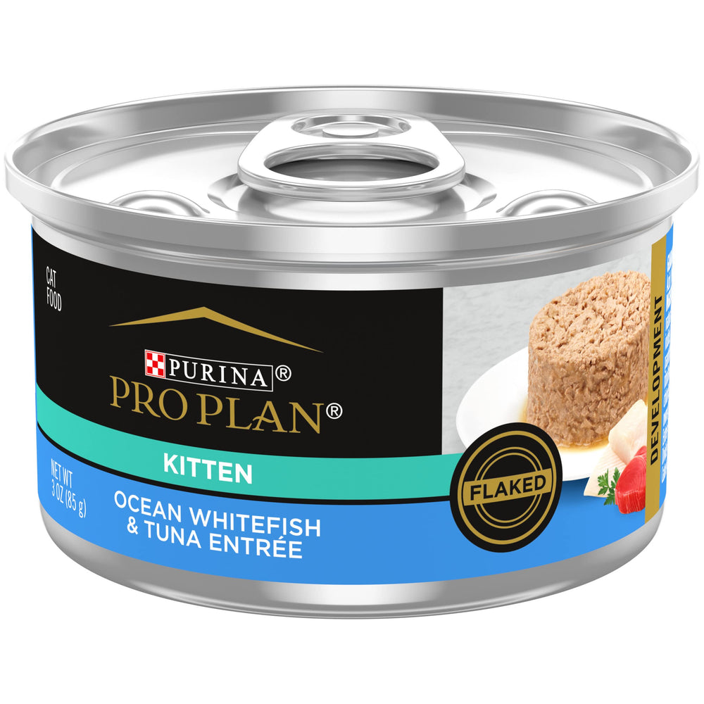 Purina Pro Plan Gatito enlatado con pescado blanco y atún, sabor que apetece al gatito.