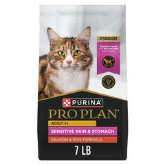 Purina Pro Plan para gato senior con salmón-arroz, croquetas crujientes para digestión suave.