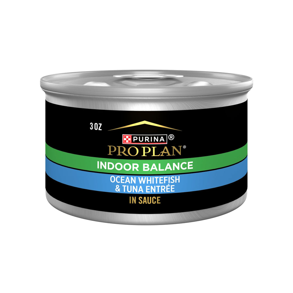Purina Pro Plan Indoor Balance lata 3oz frente, apoyo al peso para gatos indoor.