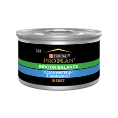 Purina Pro Plan Indoor Balance lata 3oz frente, apoyo al peso para gatos indoor.