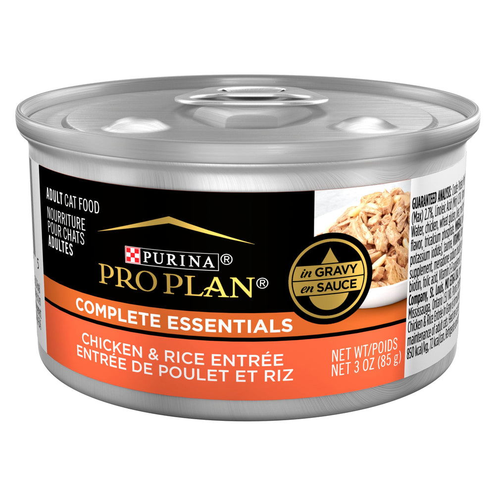 Purina Pro Plan lata de 3oz con pollo y arroz, salsa sabrosa para gatos.