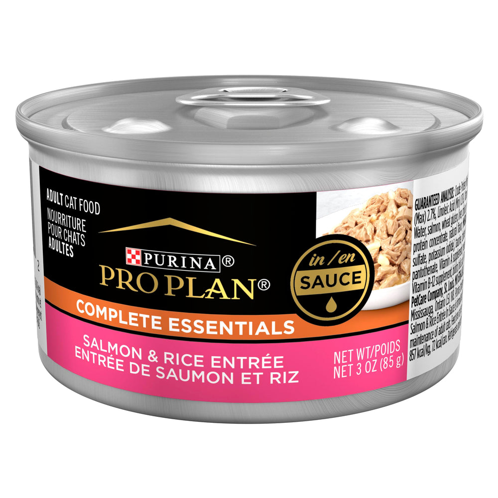 Purina Pro Plan: lata Salmón-Arroz Entree en Salsa, sabor favorito de gatos adultos.